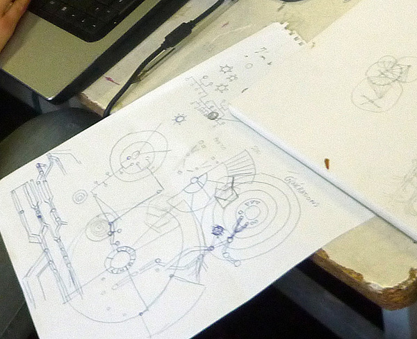 Picture of drawings on paper showing schematic drafts for an experimental representation of interlocking kinship trees of recomposed families.
